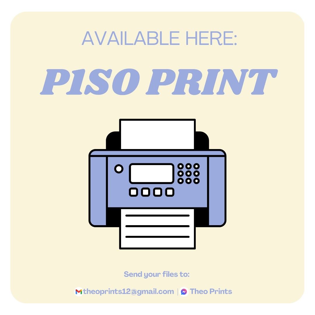 Piso Print by Theo Prints (Category: Art & Prints) located in Marikina City. Submitted by prelovedbychinnn (Listing ID 1380621297, Image 1). Description: 📢 Piso Print ba hanap mo? We got you! 💥 Send us a message now — no minimum pages required! ✅ Affordable rates ✅ Quality Prints Print your important documents like: 📘 Thesis 📚 Modules & Reviewers 📱 Ebooks & Research Papers 📊 Feasibility Studies 📝 Worksheets, Activity Sheets, Lesson Plans .
