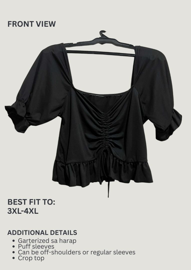 Plus Size Black Ruched Puff Crop Top (Category: Blouses) located in Manila. Submitted by withmach (Listing ID 1380605617, Image 1). Description: ⋆𐙚₊ SELLING PRE-LOVED TOPS ₊𐙚⋆ ୨ৎ PAYO ୨ৎ Price: 120 PHP ୨ৎ MOP: Gcash only ୨ৎ Delivery: Lalamove, Grab, Joyride, Angkas, & J&T (BUYER PAYS SF) ୨ৎ Details are posted on the photo !! ⸜(｡˃ ᵕ ˂ )⸝♡.