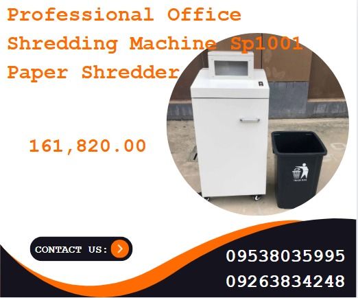 PROFESSIONAL OFFICE SHREDDING MACHINE SP1001 PAPER SHREDDER (Category: Industrial Equipment) located in Aroroy. Submitted by 09602831019 (Listing ID 1380506222, Image 1). Description: Shredding Method: High-Speed Cross Cut Shredding Shredding Materials: Paper, CD, Document Shredding Particle Size: 4mm * 40mm DIN66399 Level: P 4 Shredding Capacity (70g/m²): 30-35 sheets (A4) Shredding Capacity (80g/m²): 25-30 sheets (A4) Shredding Capacity: 60 – 8