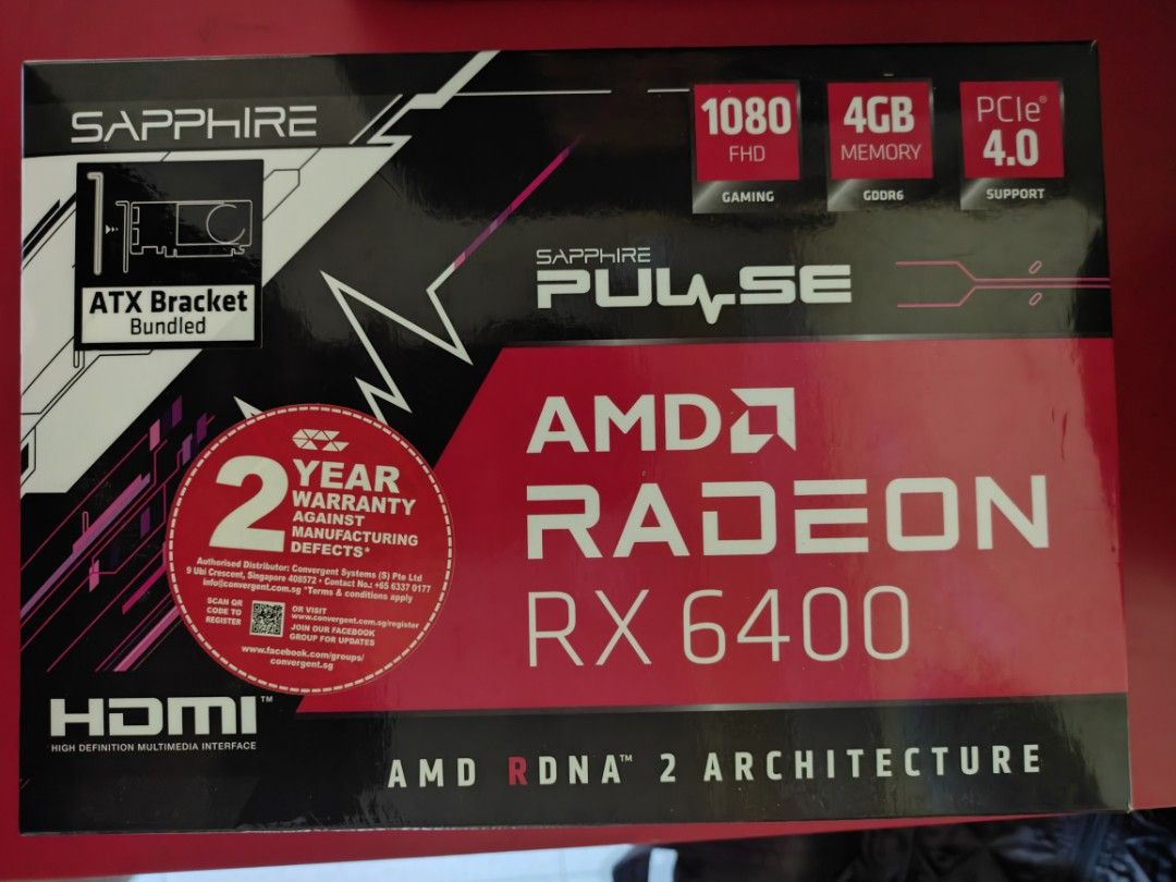 Low profile RX6400 4GB (Category: Computer Parts) located in Singapore. Submitted by crazyhour2020 (Listing ID 1380553558, Image 3). Description: - Sapphire Pulse RX 6400 4GB Graphics Card - Supports 1080p gaming - 4GB memory - Excellent condition - Comes with original box -single slot low profile GPU sell because I bought a new GPU for replace it.