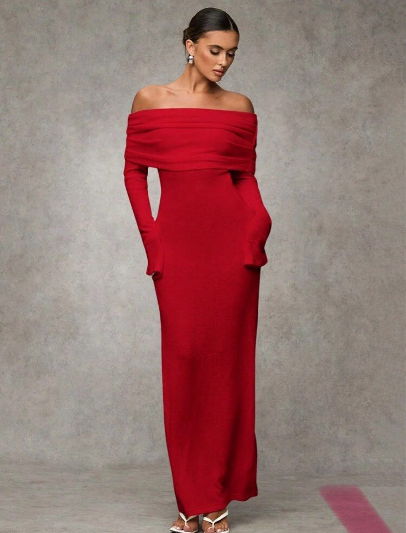 shein red off shoulder dress Elegant Red Off-Shoulder Satin Short Gown For Women, Charming Evening Dress Formal Dresses For Women Homecoming, Party Dress, Wedding Guest Dress, Prom Dress