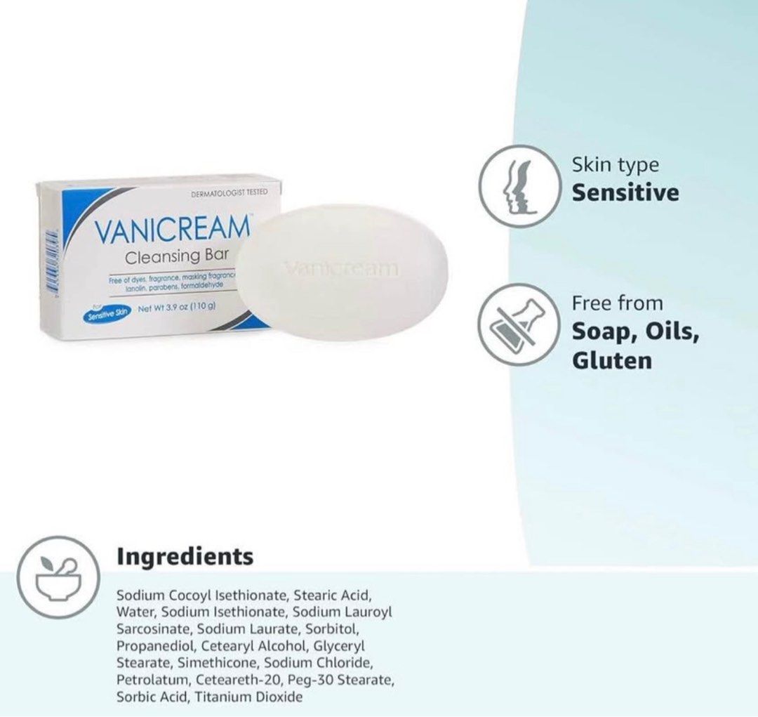 Vanicream Cleansing Bar (Category: Baby Toiletries & Grooming) located in Pasig City. Submitted by alloriginal888 (Listing ID 1380503355, Image 2). Description: A mild and gentle, fragrance-free cleansing bar with Vanicream Cream Base to keep your skin feeling soft and moisturized. Gluten-free..