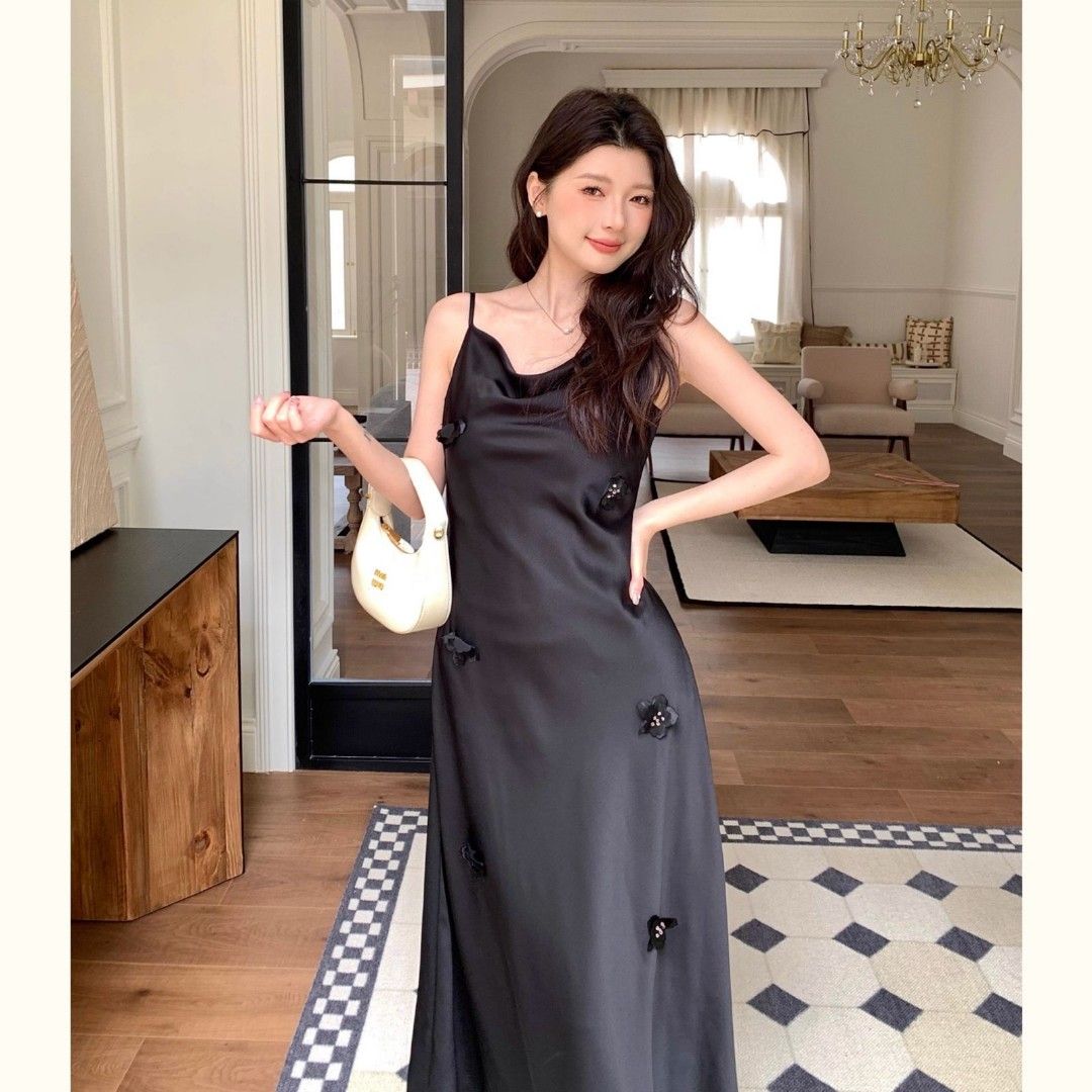 100% IMPORT, Kode #D12006 warna, Drape Collar Silky Slip Dress with 3D  Rose