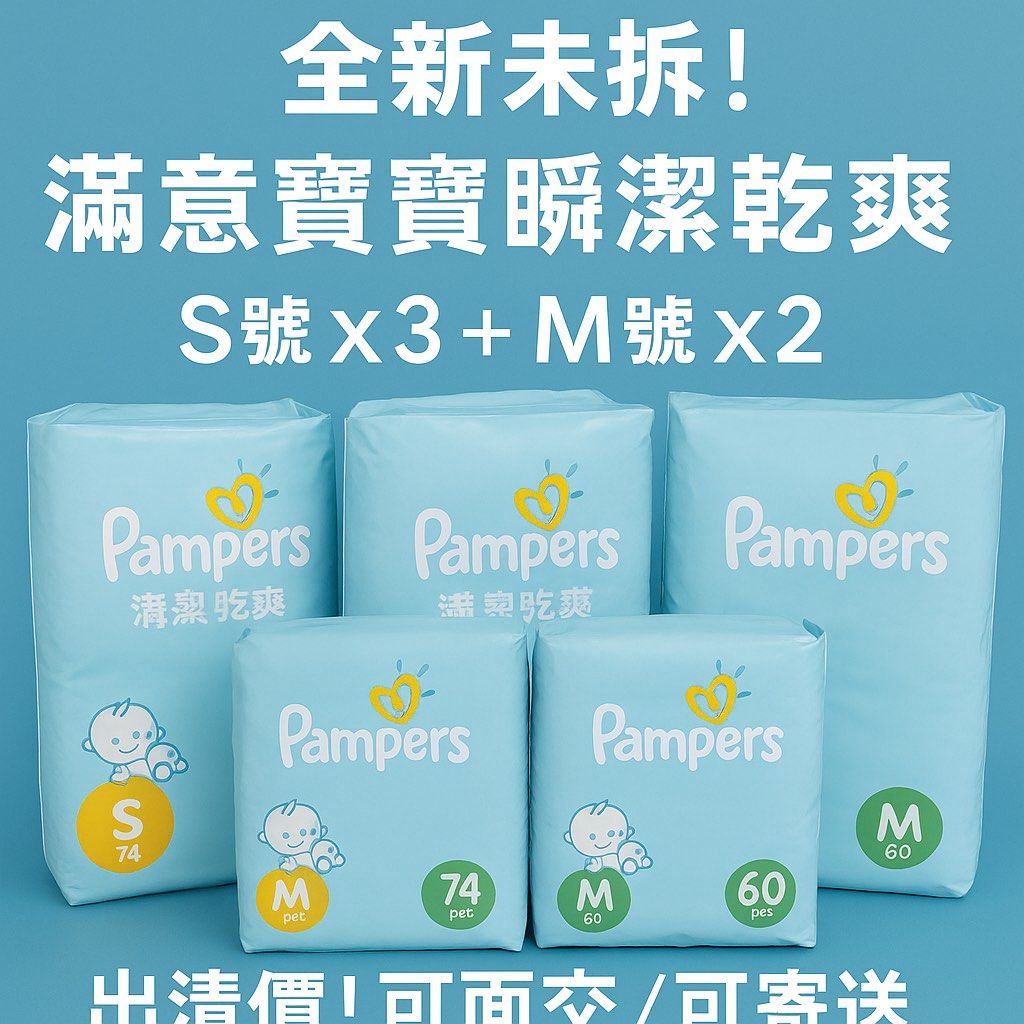由 jesus1999005332 (刊登 ID 1380875321，圖片 1) 提交，位於 台北市 (Taipei) 的 滿意寶寶 瞬潔乾爽尿布 (類別：尿片及濕紙巾)，說明：✅ 品牌：滿意寶寶 瞬潔乾爽系列（藍包裝） ✅ 數量： ・S 號尿布 3 包（每包 74 片） ・M 號尿布 2 包（每包 60 片） ✅ 狀況：全新未拆封，非試用品 ✅ 保存期限： ・S號 2028 年 01 月 ・M號 2027 年 10 月（可拍照提供） ✅ 售價： ・單包 $280 ・全帶優惠價 $1200元 ✅ 面交地點：台中74任一交流道口 ✅ 寄送方式：宅配運費另計，無賣.貨.便 👶 寶寶長太快換尺了～這款尿布，寶貝尿整晚，也不會一大包！有需要的爸媽歡迎私訊我！ 。