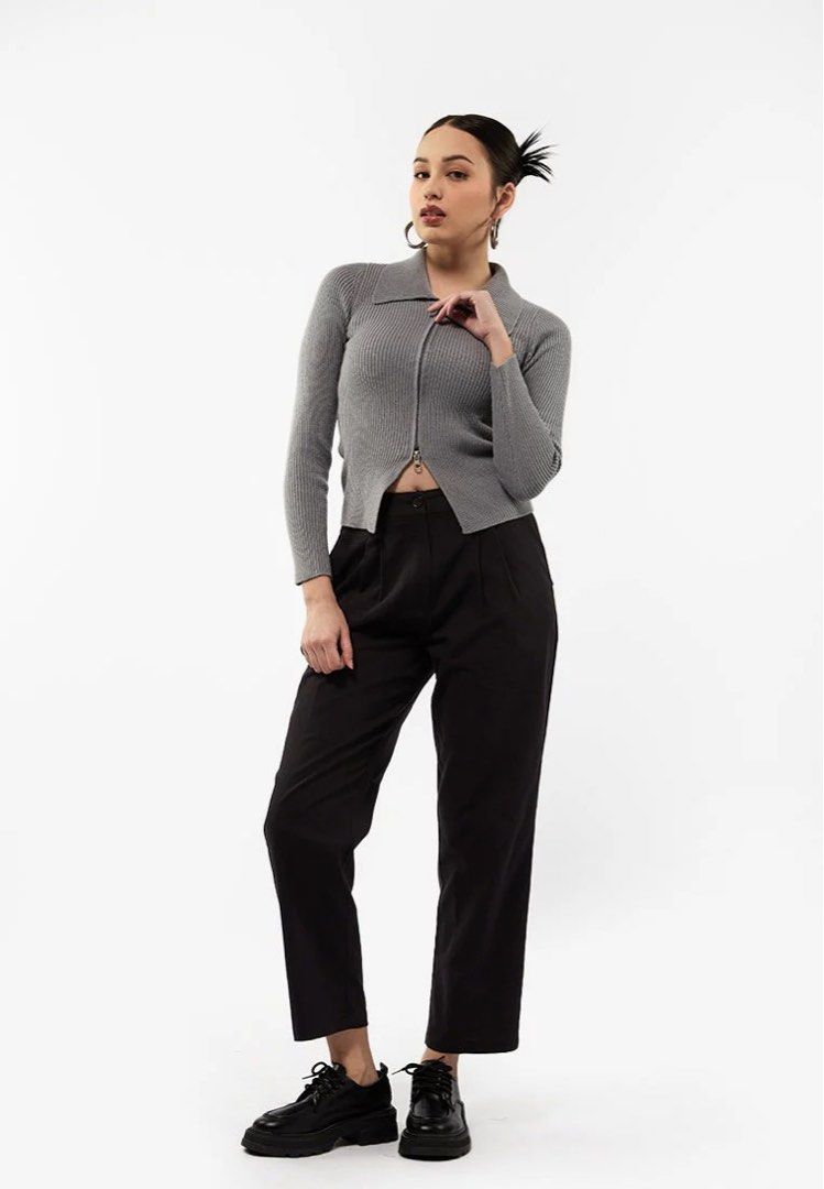 Colorbox Ribbed Zip Up Long Sleeve Cardigan Grey