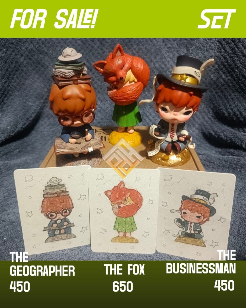 FOR SALE HIRONO (as set) (Category: Designer & Blind Box Toys) located in Mandaluyong City. Submitted by planetbullet (Listing ID 1380857603, Image 1). Description: HIRONO LITTLE PRINCE The GEOGRAPHER -450 The FOX - 650 The BUSINESS MAN - 450.