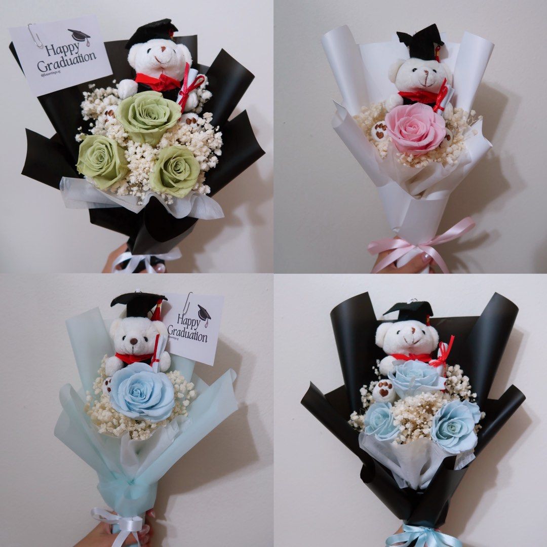 Graduation Bouquet | Preserved Flowers, Rose, Baby Breath (Category: Flowers & Bouquets) located in Singapore. Submitted by flowertings.sg (Listing ID 1378405722, Image 2). Description: Graduation Rose Flower Bouquet with Grad Bear 🧸🎓 A small graduation bear plushie alongside preserved roses & baby breath 💐 Number and color of roses customisable! 🌹 1 rose - $18 3 roses - $30 5 roses - $40 7 roses - $50 9 roses - $60 Each set comes with a comp