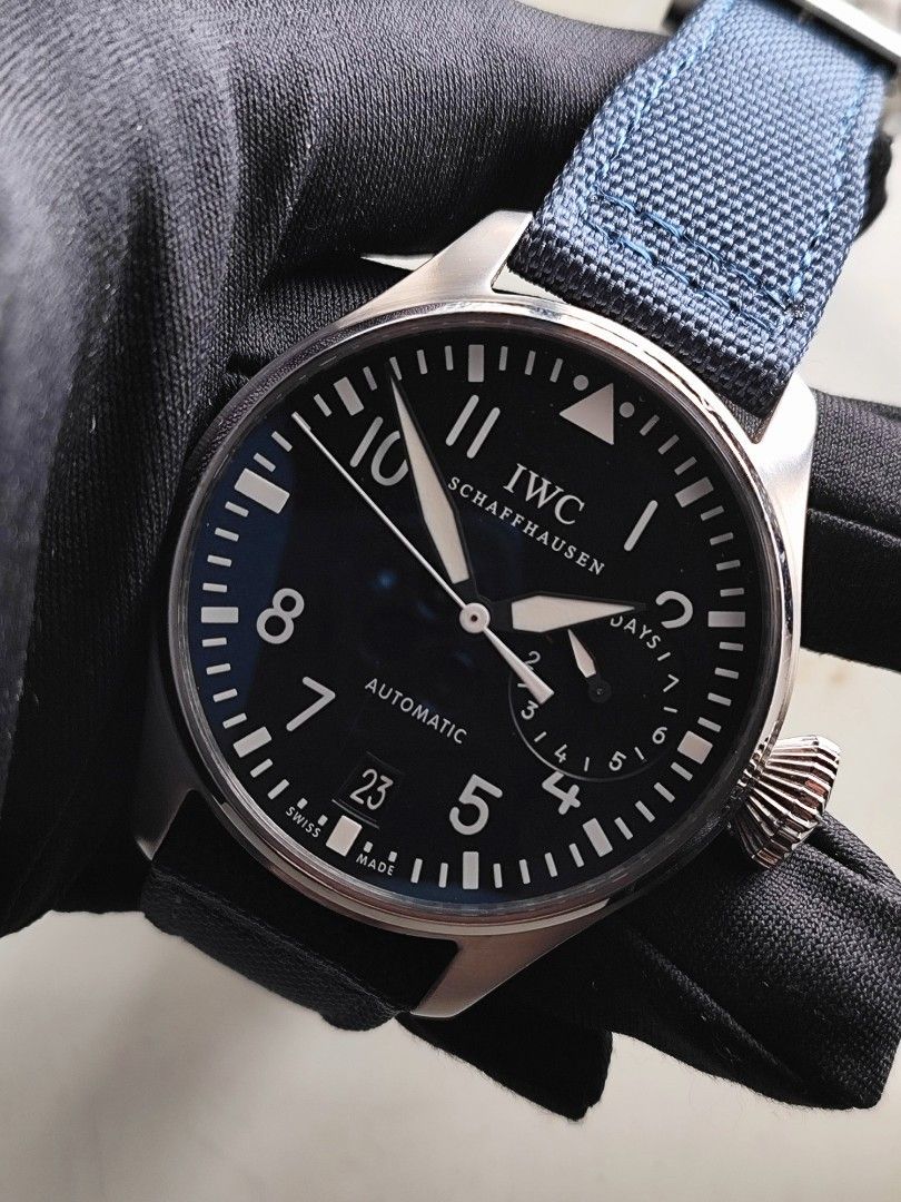 IWC Big Pilot 46mm (Category: Luxury Watches) located in San Juan City. Submitted by MW_888 (Listing ID 1380846413, Image 3). Description: 2014 IWC Big Pilot 46mm 7 days Ref 5009-01 Automatic Local AD, IWC Greenbelt 9/10 condition Inclusions: watch, original IWC rivet leather strap, blue nylon strap, manual, IWC guarantee card and original box *photo reference on 6.5" wrist 355k.