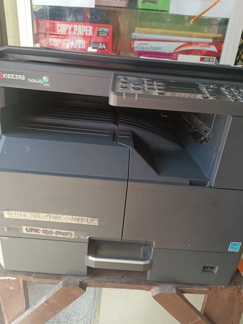 Kyocera Taskalfa 1800 (Category: Printers, Scanners & Copiers) located in San Jacinto. Submitted by lenzoiya (Listing ID 1380753654, Image 1). Description: Printing: Black and white laser printing. Print speed: Up to 18 pages per minute (A4) and 8 pages per minute (A3). Resolution: 600 x 600 dpi with 256 greyscales. Warm-up time: Approximately 17.2 seconds or less. First copy time: 5.7 seconds or less. Copying: Copy speed: Matches the print speed