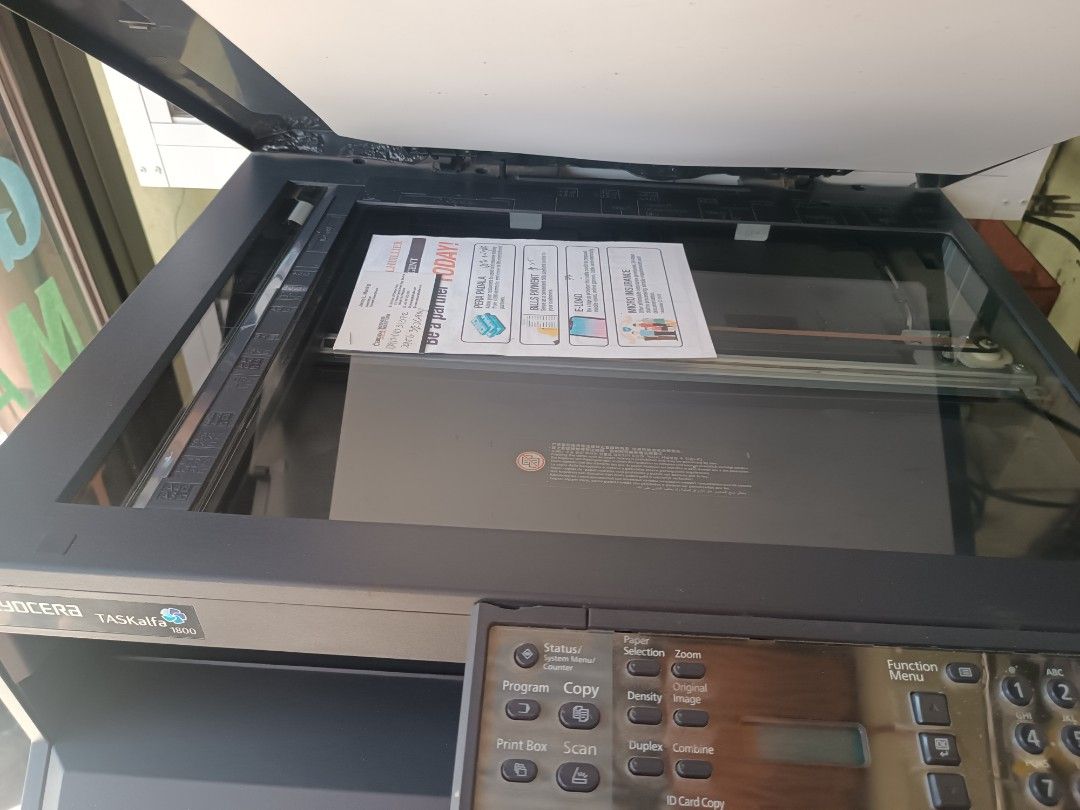 Kyocera Taskalfa 1800 (Category: Printers, Scanners & Copiers) located in San Jacinto. Submitted by lenzoiya (Listing ID 1380753654, Image 2). Description: Printing: Black and white laser printing. Print speed: Up to 18 pages per minute (A4) and 8 pages per minute (A3). Resolution: 600 x 600 dpi with 256 greyscales. Warm-up time: Approximately 17.2 seconds or less. First copy time: 5.7 seconds or less. Copying: Copy speed: Matches the print speed