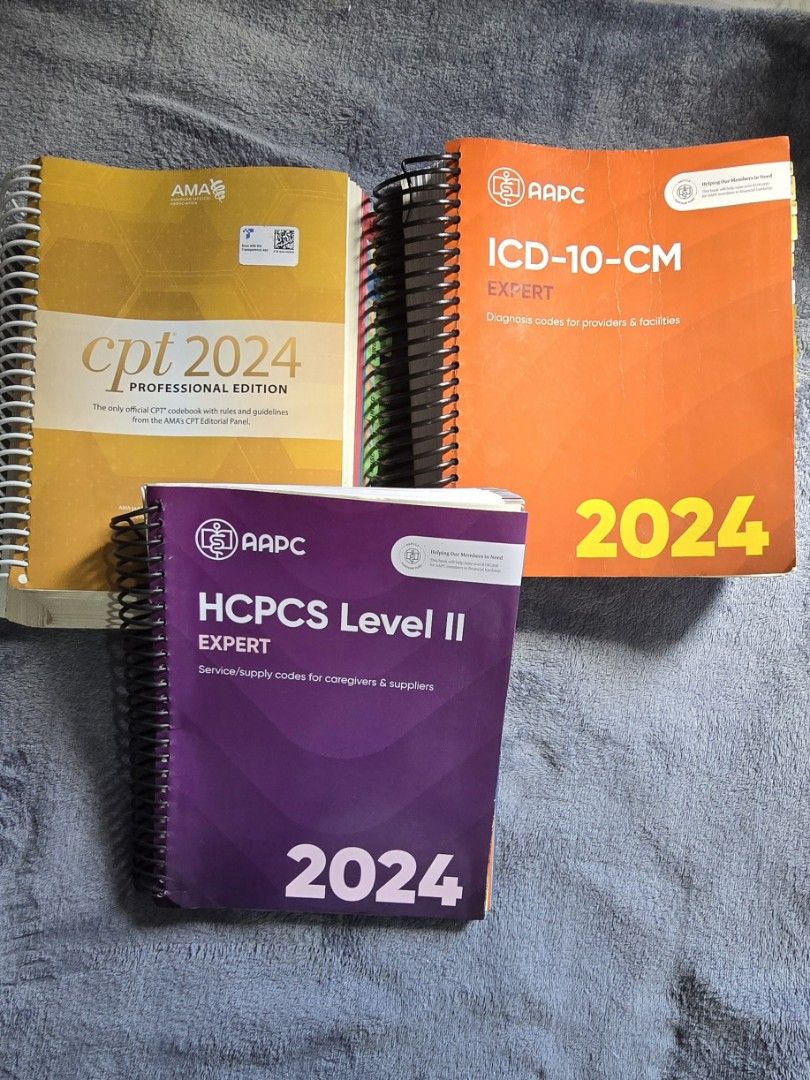 Medical Coding Books 2024 (CPT, ICD, HCPCS) (Category: Textbooks) located in Manila. Submitted by chipsandfierce (Listing ID 1380835471, Image 1). Description: Medical Coding Books 2024 used once. Hindi na nagagamit..