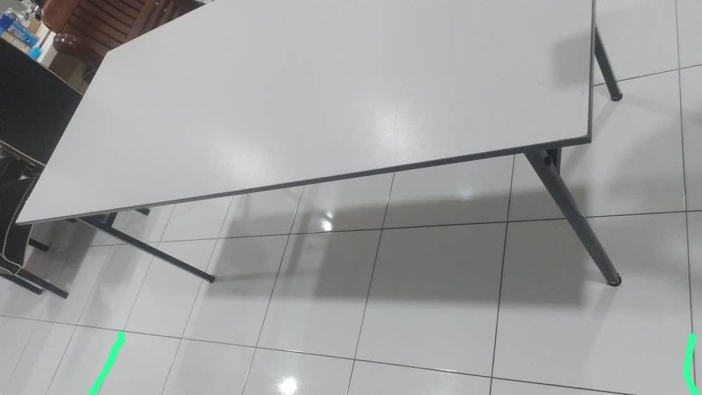 Rectangular Banquet Table | Folding Table (Category: Tables & Sets) located in Shah Alam. Submitted by oneforall24 (Listing ID 1380729248, Image 2). Description: 3V Banquet Folding Table 180cmX60cm Original price RM 220.00 Because of minor scratches we let it go for RM 100.00 Colour: Grey -Laminated High Pressured Table Top Board -Thick 16mm Board with Rubber Edging for Further Protection -Nylon Adjustable Gliders Fitted On The Leg Base for Stabi
