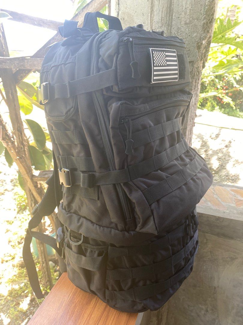Rhino® 50L Tactical Backpack (Category: Backpacks) located in Baler. Submitted by wildbear.42d4cc (Listing ID 1374935432, Image 1). Description: *Check last picture for size reference. **Flag patch not included. It’s for visuals only. This is a military-grade backpack designed for camping and hiking. It comes with padded waist support and back steel frame..