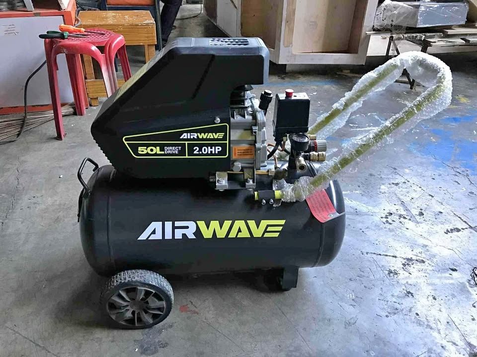 RYOBI RA-C2550 Airwave 50L Air Compressor (Category: Construction Tools & Equipment) located in Pasay City. Submitted by enrico_appliances (Listing ID 1380705830, Image 1). Description: -Model no.: RA-C2550 -Input rating: 220-240V / 50Hz -Power rating: 1500 watts / 2.0HP -Tank size: 50 liters -Max. operating pressure: 6-8 bar -Weight: 30.6kgs NOTE: Unit has a stocked up wheel. Unit tested and working before posting. Please check actual photos bef