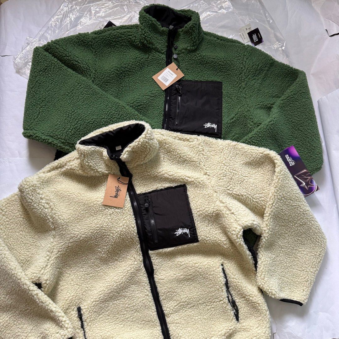 Stussy 8 Ball Sherpa Reversible Jacket (Category: Coats, Jackets and Outerwear) located in Manila. Submitted by godspeedmnl (Listing ID 1380774157, Image 1). Description: Stussy 8 Ball Sherpa Reversible Jacket The Stussy 8 Ball Sherpa Reversible Jacket Natural is a jacket that can be worn with either the fluffy or synthetic side on the exterior. The jacket has a Stüssy’s signature 8-Ball motif on the back, a number 5 reversible Vislon zip closure