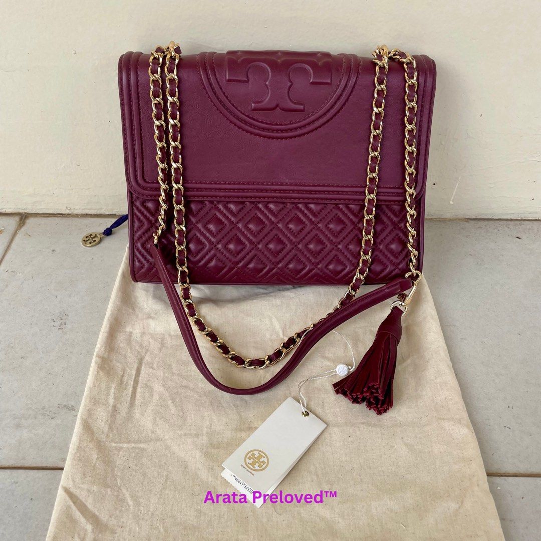 Tas Tory Burch Fleming Convertible Shoulder Bag Wine Original Like New