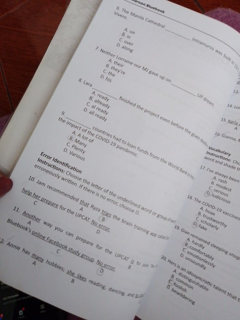 upcat maroon bluebook 2nd ed. (Category: Textbooks) located in Pasig City. Submitted by mxriem_ (Listing ID 1380721116, Image 2). Description: upcat exam reviewer has few pencil marks, annotations & highlights (sa langu prof part lang) few dents on cover w plastic cover mod: lalamove mop: gcash.