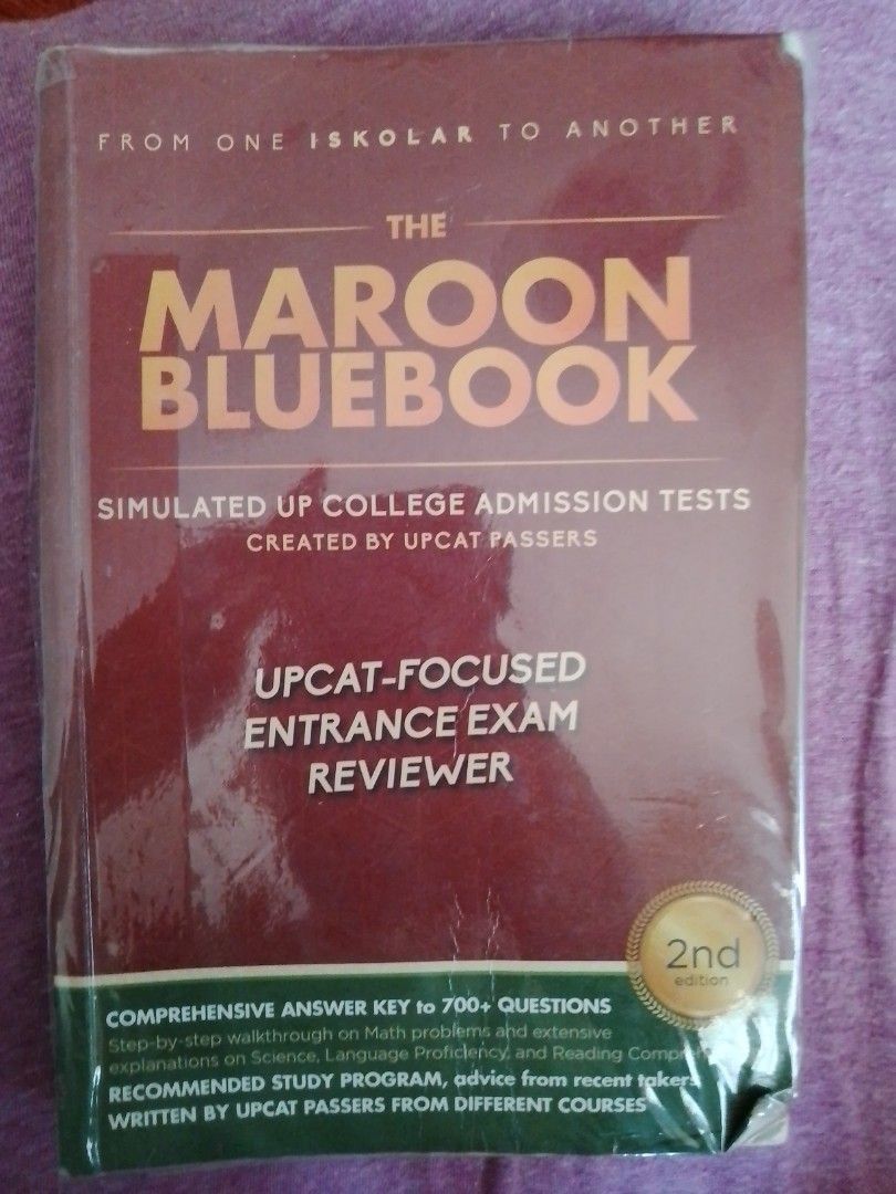 upcat maroon bluebook 2nd ed. (Category: Textbooks) located in Pasig City. Submitted by mxriem_ (Listing ID 1380721116, Image 1). Description: upcat exam reviewer has few pencil marks, annotations & highlights (sa langu prof part lang) few dents on cover w plastic cover mod: lalamove mop: gcash.