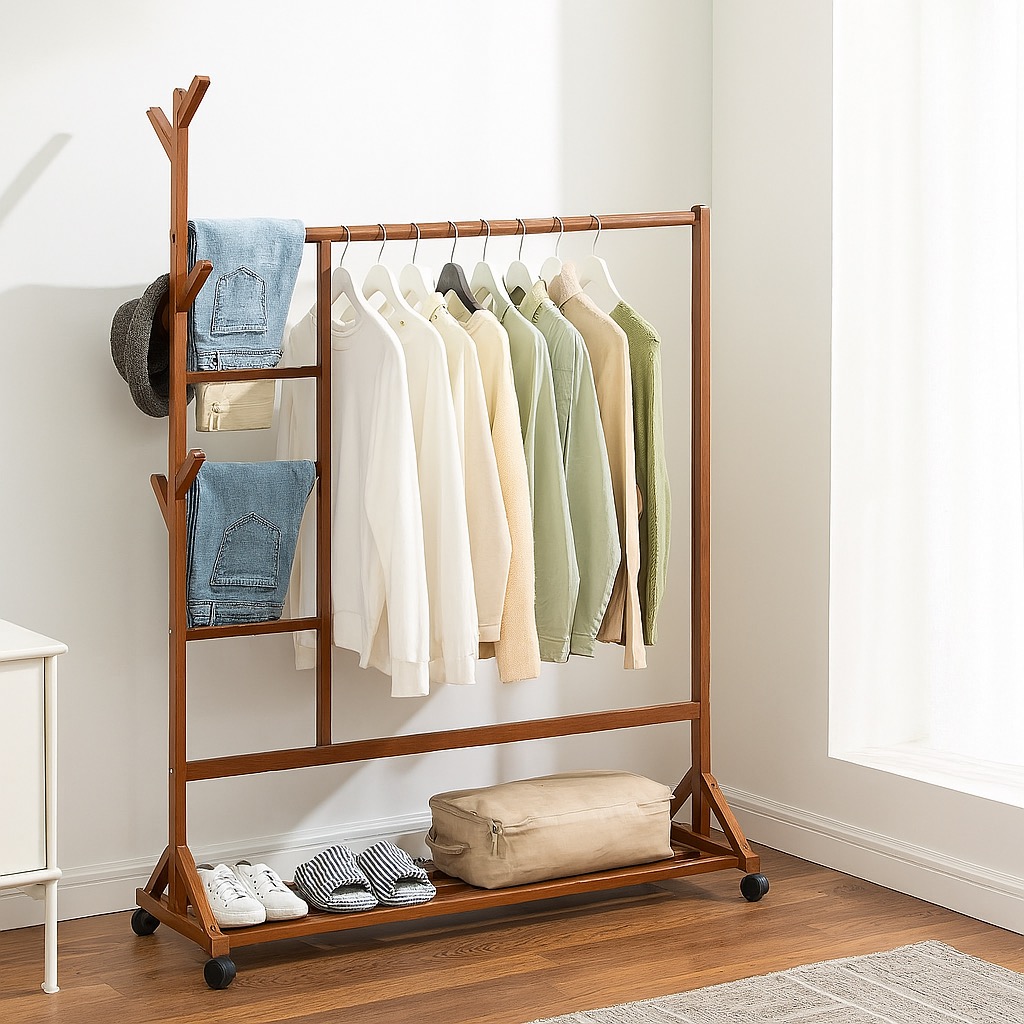 Wooden Clothes Hanging Rack | Multi-Rod Clothes Drying Rack Stand ...