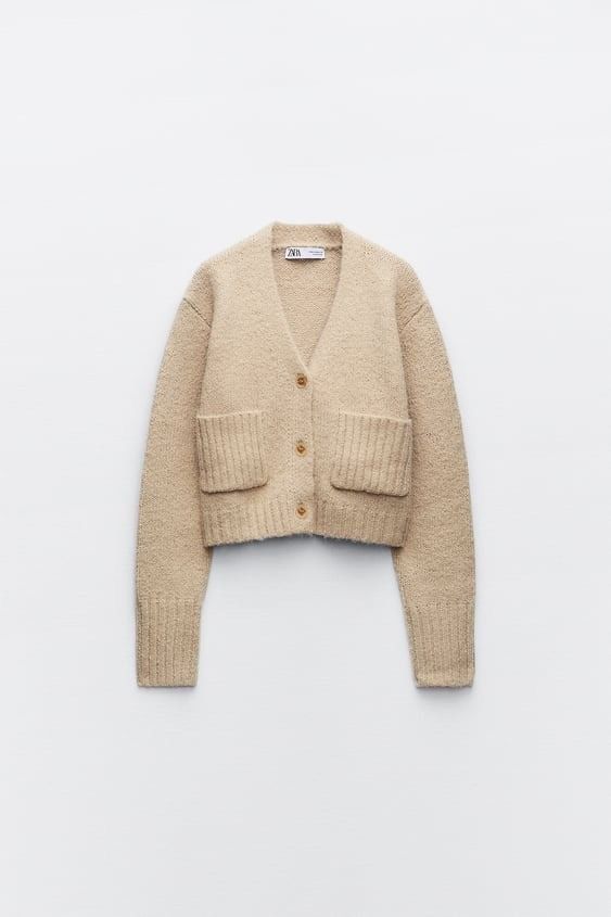 Zara Rustic Knit Pocket Cropped Cardigan, Fesyen Wanita, Pakaian