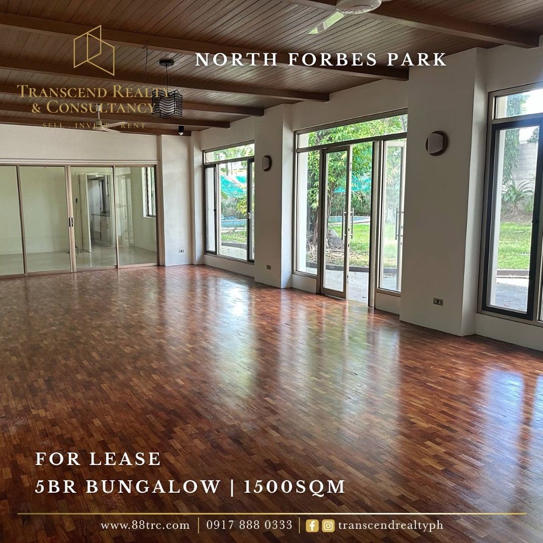 5 BEDROOM FOR LEASE IN NORTH FORBES PARK (Category: House & Lot) located in Makati City. Submitted by transcendrealty (Listing ID 1380908607, Image 1). Description: Discover the epitome of refined living in this meticulously designed five-bedroom bungalow, where sun-drenched interiors, seamless functionality, and a private pool come together to create the ultimate dream home. 📷 FOR LEASE North Forbes Park - Bungalow - LA 1500 +/- sqm - FA 450 +/
