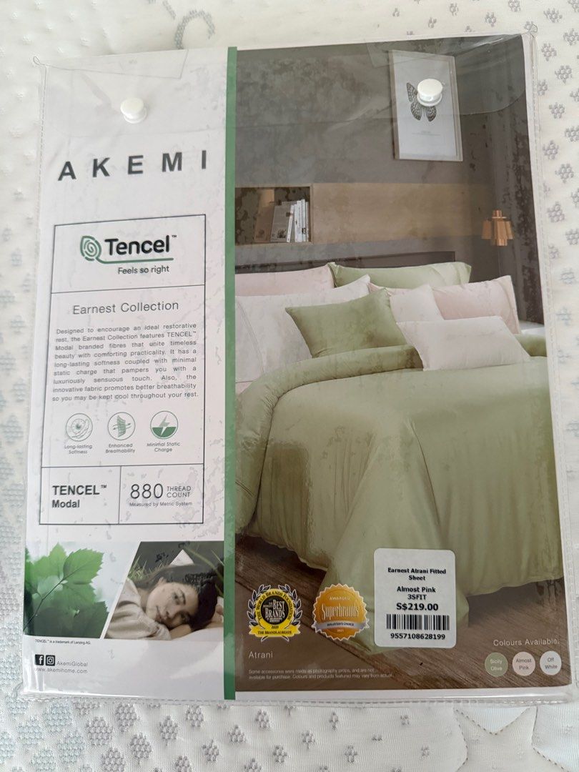 Sale-AKEMI Tencel Single bedsheet Fitted Set - Almost Pink (Category: Bedding & Towels) located in Singapore. Submitted by tan.lilian.165 (Listing ID 1380990071, Image 3). Description: Brand new AKEMI Tencel single fitted sheet set in Almost Pink. Includes 1 fitted sheet (91cm x 190cm), 1 pillow case, and 1 bolster case. Deep pocket height is 43cm and fits up to 40cm (16") mattress height. Made with Tencel Modal for a soft and comfortable feel. H