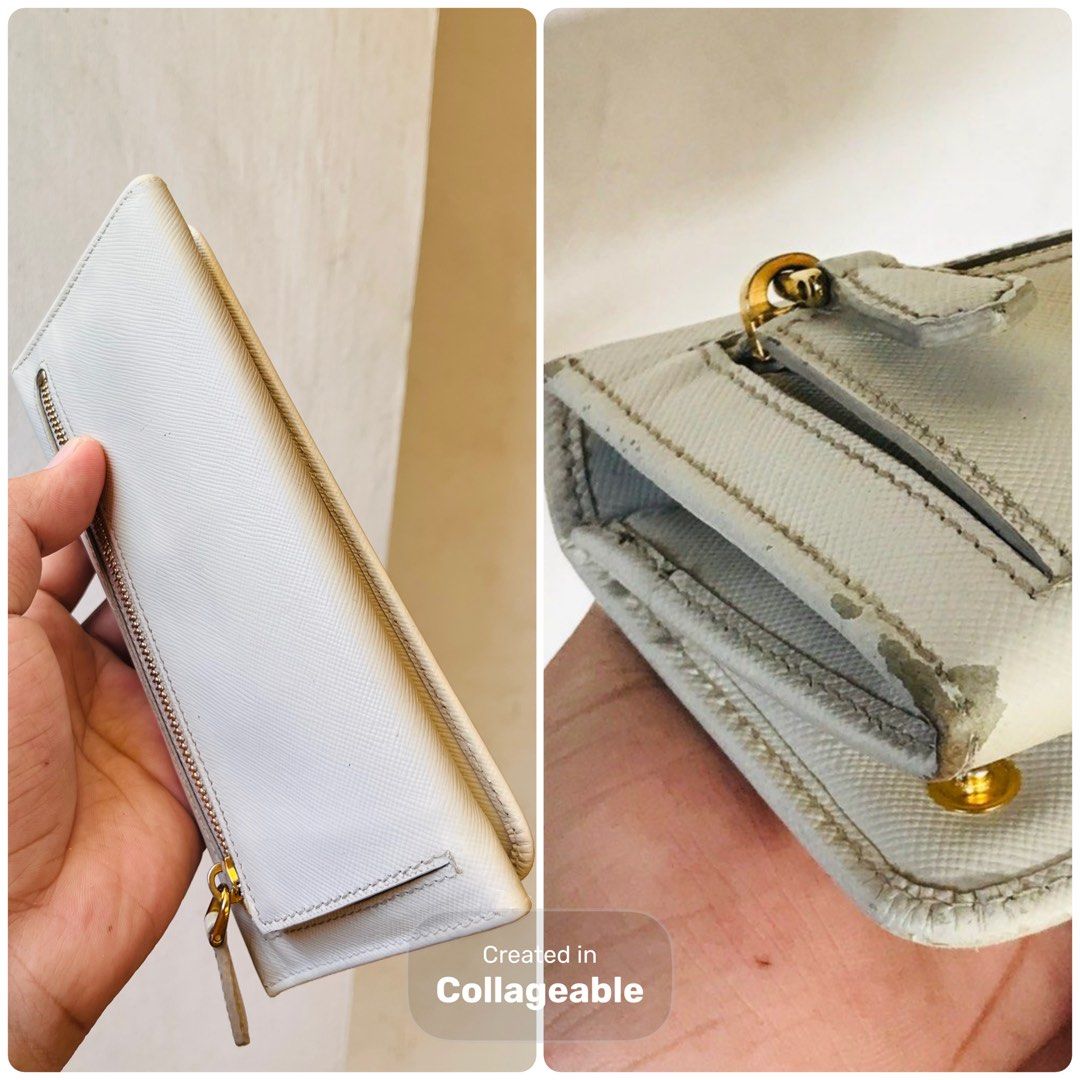 Authentic prada wallet (Category: Luxury Bags & Wallets) located in Ballesteros. Submitted by sat_b3 (Listing ID 1380917764, Image 3). Description: Very good condition No cracks - retouched po yung mga gilid nya kc faded na dati.. nilinis ko narin kaya naglight na natanggal na rin yung nakadikit na black sa loob ng pocket.. Maayos at maganda na sya.. .