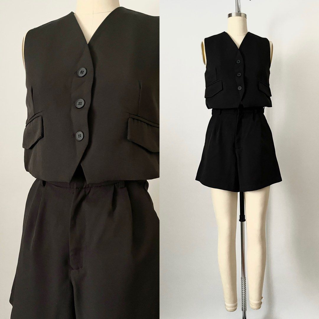 black waistcoat vest coordinates coords set (s) (Category: Sets or Coordinates) located in General Trias. Submitted by 1992thelabel (Listing ID 1380998983, Image 1). Description: black waistcoat set (s) 950php fully lined hq measured laid flat vest bust 18” length: 17” shorts waist: 14” length: 16”.