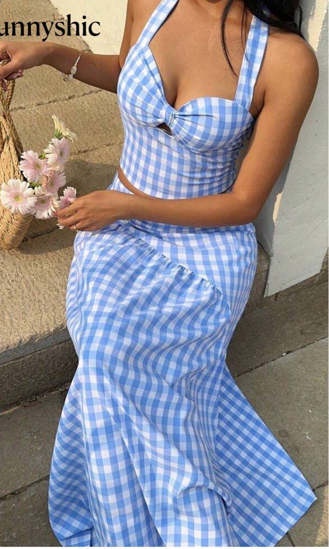 Blue summer plaid coordinates skirt (Category: Sets or Coordinates) located in Quezon City. Submitted by classicbph (Listing ID 1380954166, Image 2). Description: I LOVE THIS!! Message for when worn i only used it once for a trip. Orig price 600+.