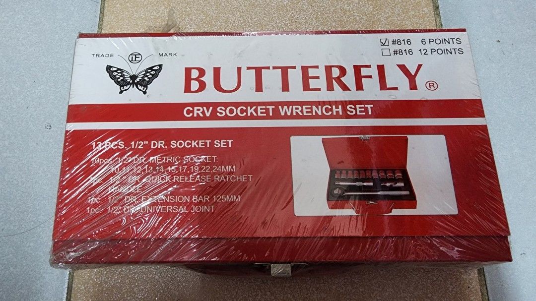 Butterfly CRV Socket Wrench Set tools (Category: Construction Tools & Equipment) located in Caloocan City. Submitted by s.go2014 (Listing ID 1380988006, Image 1). Description: Sealed Butterfly 13pcs 1/2" DR. Socket Set.