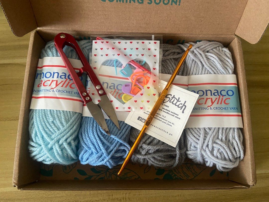 crochet kit (Category: Handmade Craft) located in Manila. Submitted by eclair101 (Listing ID 1380900859, Image 1). Description: never been used includes — 4 yarns — 1 double ended hook — cutter — locks/pins.