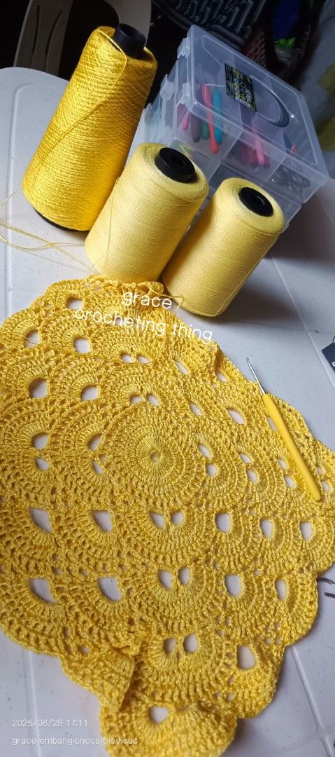 CROCHETED CENTER TABLE COVER (Category: Table Linen & Textiles) located in Manila. Submitted by gracecrochetingthing (Listing ID 1381040286, Image 3). Description: just chat me if you want to make another one for your home additional center table cover. yellow is only available color for now. prices prior by sizes of each table cover. 5 inches amounting 500 pesos. 1 00 pesos per inches wide. just message me for more details..