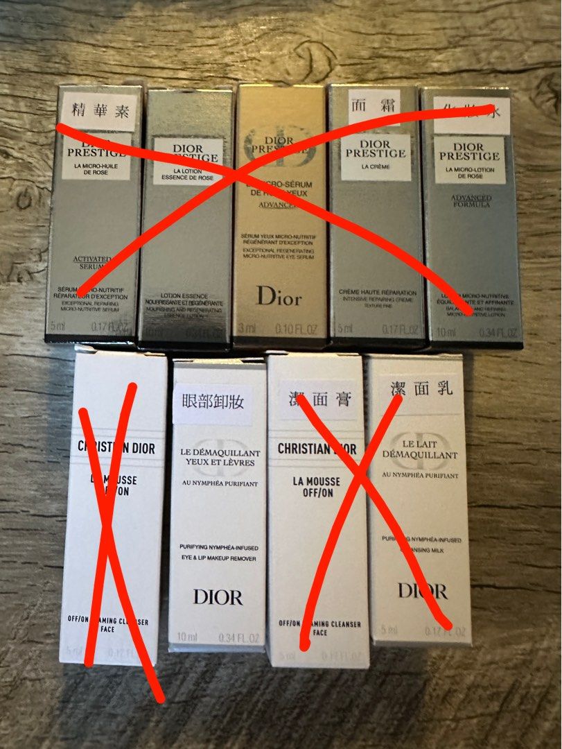 Dior sample （分類：面部 - 面部護理）位於 Hong Kong。 由 dada510 提交（商品編號 1380408322，圖片 1）。簡介： Dior sample Prestige serum 5ml $25 (sold) Prestige rose lotion 10ml $20 (sold) Prestige rose eye yeuk 3ml $20(sold) Prestige 面霜5ml $15(sold) Prestige 化妝水 10ml $12(sold) La mousse foaming cleanser 5ml $15/支 有2支(sold) 眼部卸妝 10ml $12 Cleansing milk 潔面乳 5ml $12(sold) 平郵另+5 買家需承擔郵寄風險 5支以上 可順豐到付 。