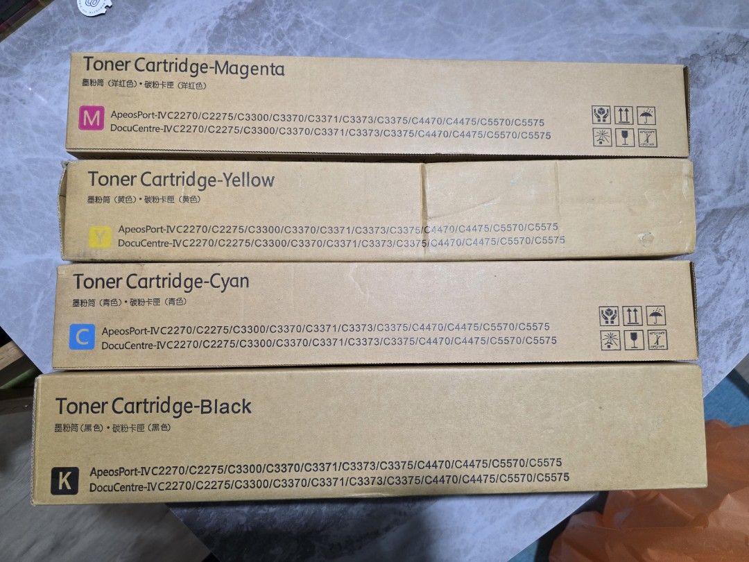 Fuji Xerox Toner Cartridges IV C2270 / C3370 / C4470 / C5570 / CT201372R (Category: Printers, Scanners & Copiers) located in Singapore. Submitted by chongwanleng_1991 (Listing ID 1381045708, Image 1). Description: Fuji Xerox Toner Cartridges For use in IV C2270 / C3370 / C4470 / C5570 / CT201372R - Brand new set of four Fuji Xerox toner cartridges. - Includes magenta, yellow, cyan, and black cartridges. - Compatible with various ApeosPort and Doc