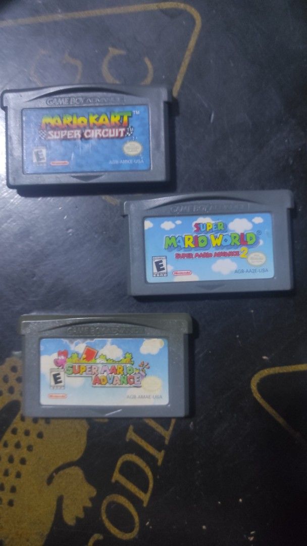 Gameboy Advance Cartridges ( Super Mario Collection ) (Category: Nintendo) located in Quezon City. Submitted by bored_seller (Listing ID 1381024544, Image 1). Description: For Sale Gameboy Advance Cartridges MarioKart Super Circuit US - 600 Super Mario World Super Mario Advance 2 US - 600 Super Mario Advance US- 400 With mild label issue sa upper left Tested Working Take all Price 1300 May Discount sa Surebuyer Wag lang sobrang baba Location: Man
