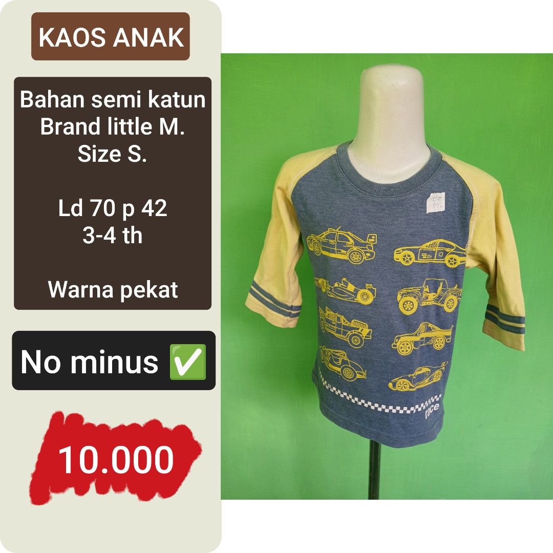 Kaos anak (Kategori: 4 hingga 7 tahun) berada di Sidoarjo. Dikirim oleh faaz_store (ID iklan 1380985308, Gambar 1). Deskripsi: ✅ Bahan, keterangan lain, MINUS baju sudah tertera ya. ✅Membeli = Setuju (jadi tolong teliti melihat foto sebelum membeli.) ✅ REALPICT ✅ BAJU SUDAH DI CUCI MANUAL, BUKAN LAUNDRY..