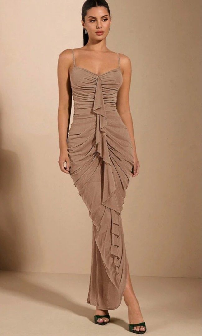 khaki ruched front large ruffle long dress (Category: Dresses) located in Paranaque City. Submitted by declutterbyourstruly (Listing ID 1380988807, Image 1). Description: size xs never worn negotiable.