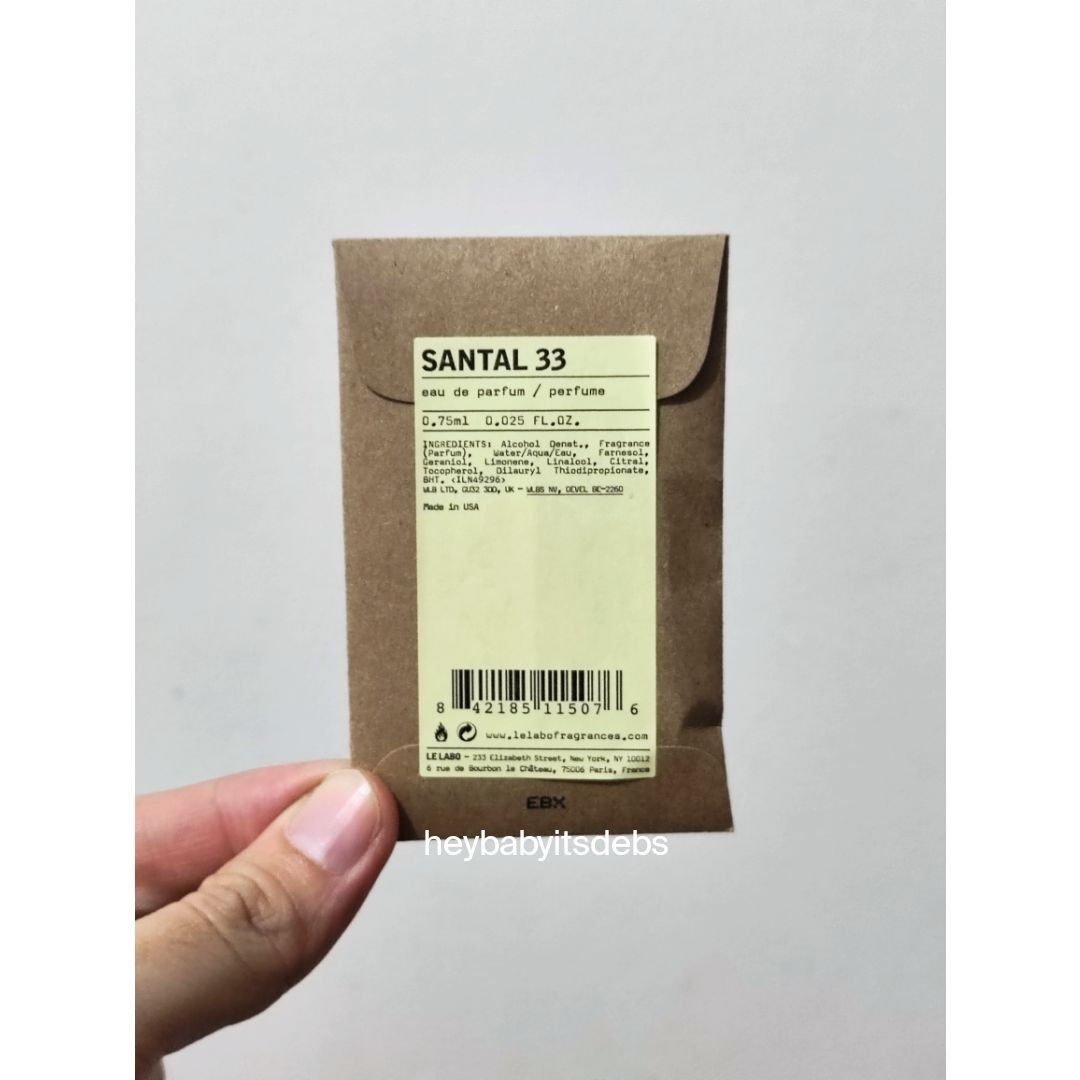 Le Labo Santal 33 Sample Perfume - 0.8ml (Category: Fragrance & Deodorants) located in Manila. Submitted by heybabyitsdebs (Listing ID 1380965730, Image 1). Description: Brand new and authentic 0.8ml Made in USA.