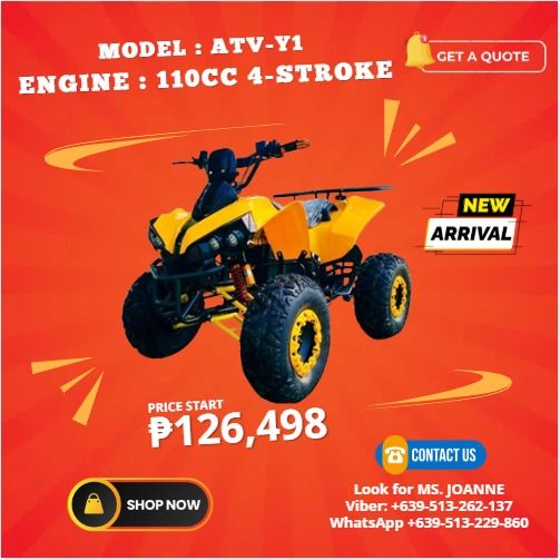 Model : ATV-Y1Engine : 110cc 4-stroke (Category: Motorbikes for Sale) located in Caloocan City. Submitted by chaseolive35337 (Listing ID 1380903249, Image 1). Description: ✅ Prices already posted ,Don't miss out on these discounts ☺ 📝: Price subject may change without prior notice. 🎯 Pick up, Deliver or Shipping courier you prefer. 🚛THRU: LBC, AP CARGO Etc. Mode of Payment: 📌 💵 Cash 📌 🏦 Bank Transfer Our office located at 🏡 St. Dominic Pl