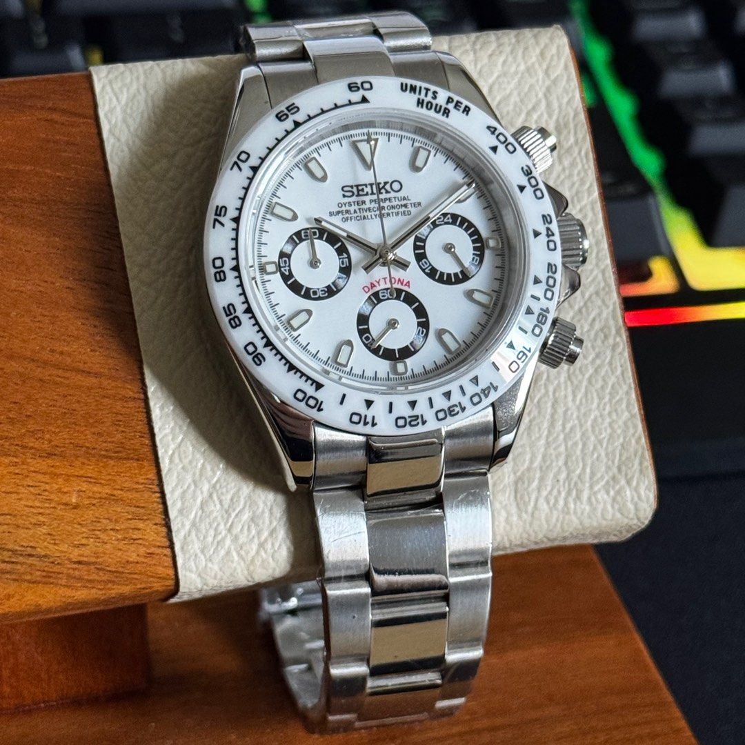 Seiko Mod Daytona Snow White Ceramic VK63 Chronograph Rolex Homage