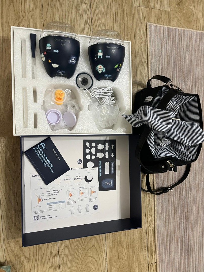 Supermama Double Air Plus Wearable Pump (Category: Breastfeeding & Bottle Feeding) located in Balakong. Submitted by karl04 (Listing ID 1381027317, Image 2). Description: Rarely used as this is my 2nd pump. A total of 7 usage only. Include all item in the picture. Dah sterilize Free Bag nego till let go.