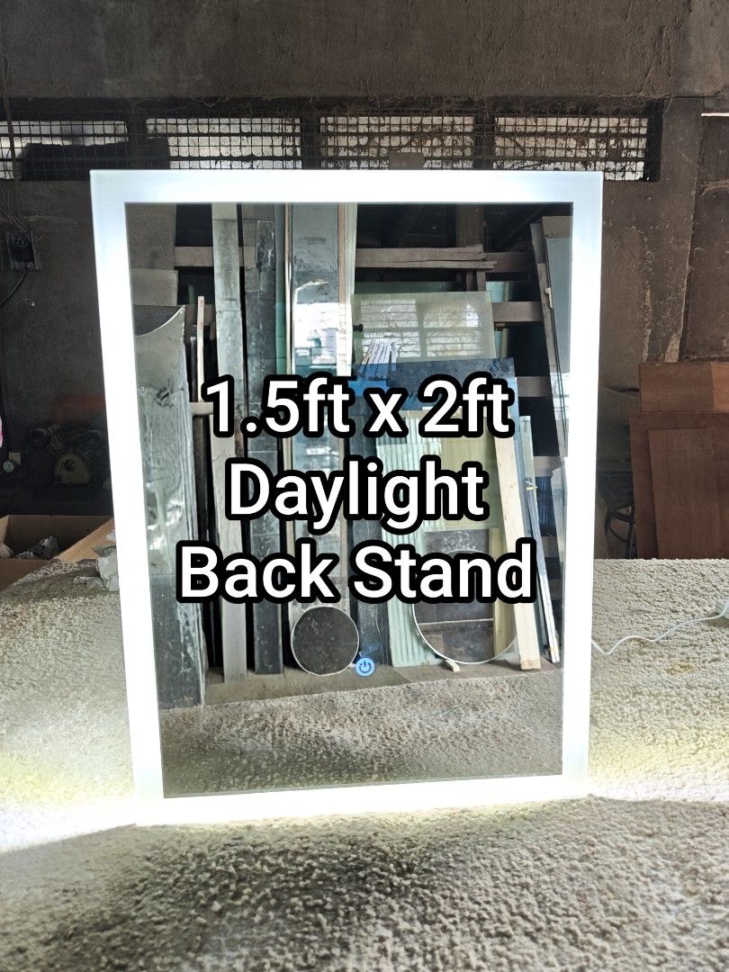Table Top Led Mirror (Category: Mirrors) located in Malabon City. Submitted by mirrors.ph (Listing ID 1380904589, Image 1). Description: Frameless Table Top Led Mirror With front and back light using 6mm thick copper free mirror polished edges and adjustable back stand Size: 1.5ft W x 2ft H P4510 Made to order. 1 week production. Customize sizes are welcome..