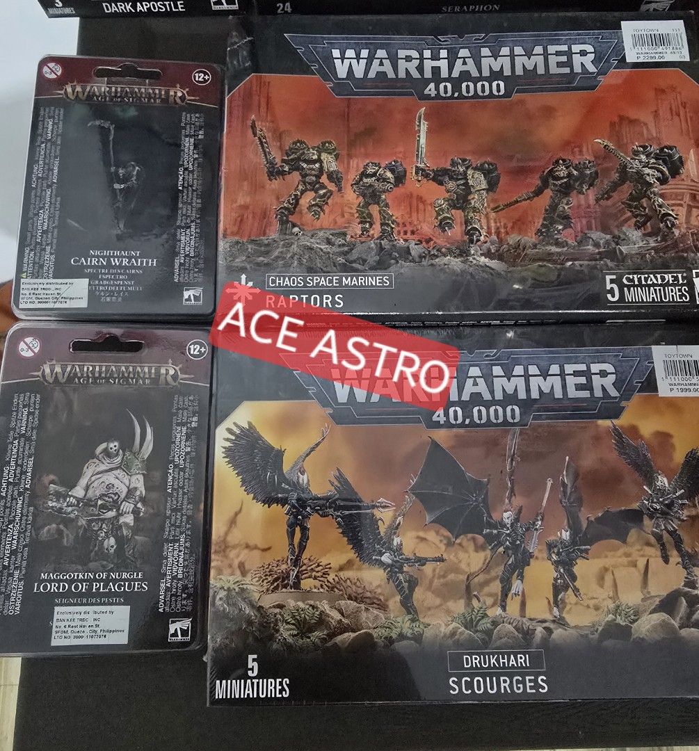 Warhammer Sealed Collection - Sale (Category: Vintage Collectibles) located in Cavite. Submitted by rain_ace_astro (Listing ID 1381051694, Image 2). Description: Selling my Warhammer sealed collection which I bought from Toytown. Some boxes have minor dents but majority have receipts. 2099 - Bloodletters 2099 - Lieutenant Titus 1049 - Myrmourn Banshees 2099 - Stormboyz 2299 - Ahriman 2299 - Boyz 2099 - Dark Apostle 2299 - Seraphon 1049 - Cairn Wr