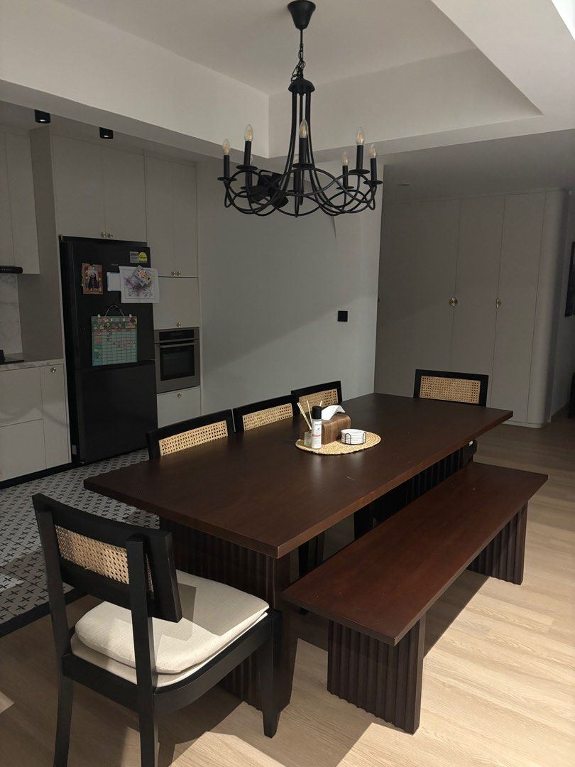 8 seater Dark Teak Wood Dining Table Set with Bench and Chairs (Category: Tables & Sets) located in Singapore. Submitted by kbmn2705 (Listing ID 1381172122, Image 1). Description: Elegant dining set featuring a dark wood table, bench, and five chairs. The chairs have a stylish rattan back and cushioned seats. Perfect for a modern dining space. Includes a matching bench for additional seating. Directly imported from Semarang. Condition: There’s so
