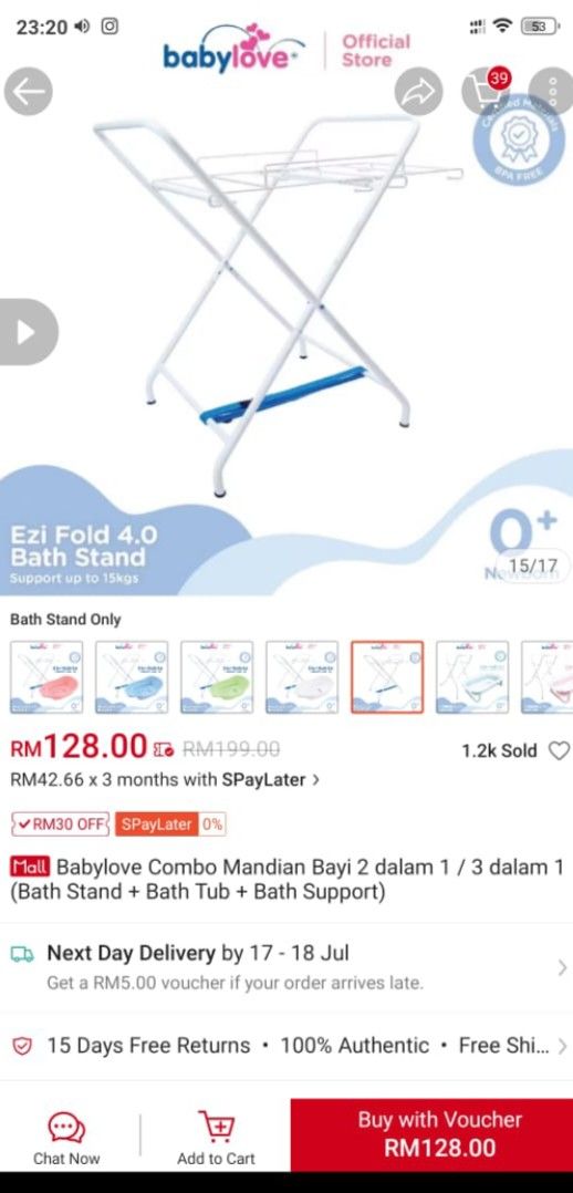Babylove Bathtub Stand (Category: Bathtub & Bath Accessories) located in Petaling Jaya. Submitted by elisahoesni.1 (Listing ID 1381088401, Image 2). Description: Bathtub stand only Prefer pick up but can delivery as well Reason to let go: Baby big already but never use it Can save around RM25++ compare to brand new price Condition 10/10.
