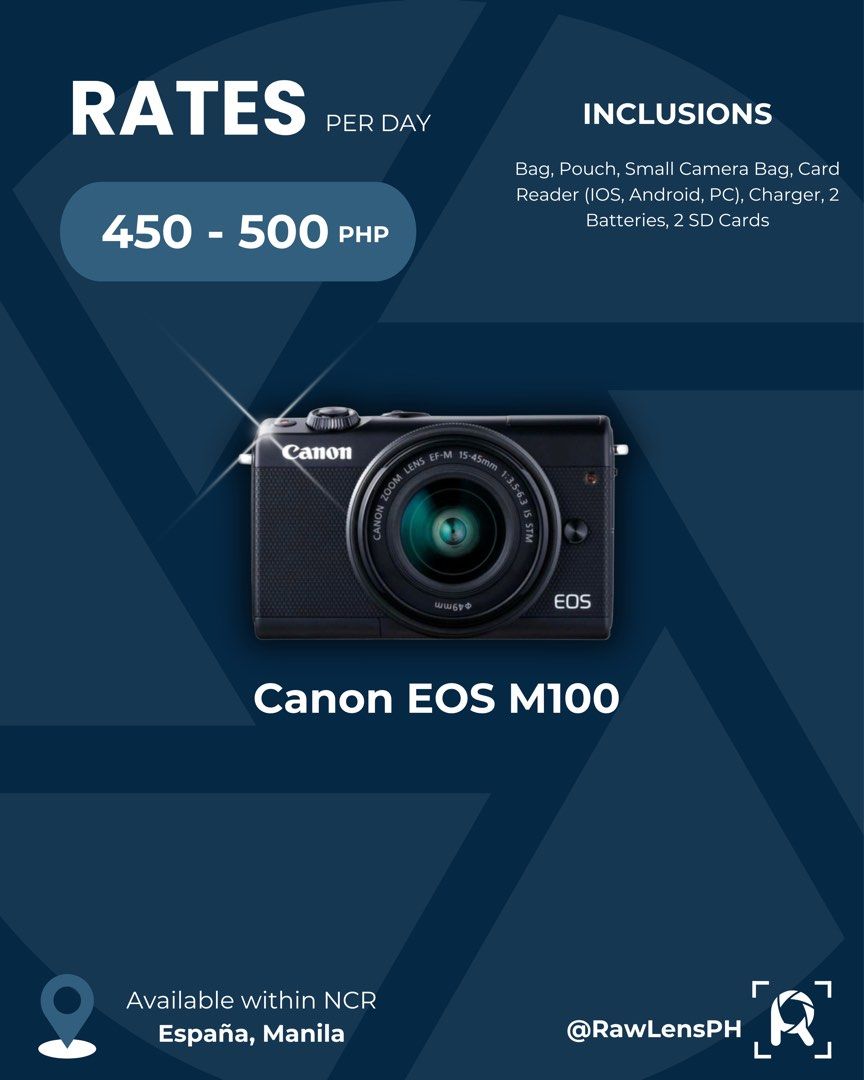 Canon EOS M100 (Category: Cameras) located in Manila. Submitted by rolenpar (Listing ID 1381262580, Image 1). Description: 📍 Facebook: RawLensPH 📍 Instagram: @rawlensph No matter what you’re capturing—vlogs, events, creative projects, or travel adventures—we’ve got the perfect camera for you! Choose from our lineup of high-quality, budget-friendly rentals and start shooting like a pro. 💫 Available Cameras: ✅ Fujifilm X-T30 II (NEW!) ✅ Canon G7
