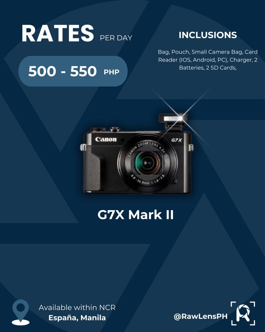Canon G7X Mark II (Category: Cameras) located in Manila. Submitted by rolenpar (Listing ID 1381262900, Image 1). Description: CAMERAS FOR RENT 📍 Facebook: RawLensPH 📍 Instagram: @rawlensph No matter what you’re capturing—vlogs, events, creative projects, or travel adventures—we’ve got the perfect camera for you! Choose from our lineup of high-quality, budget-friendly rentals and start shooting like a pro. 💫 Available Cameras: ✅ Fujifilm X-T30 