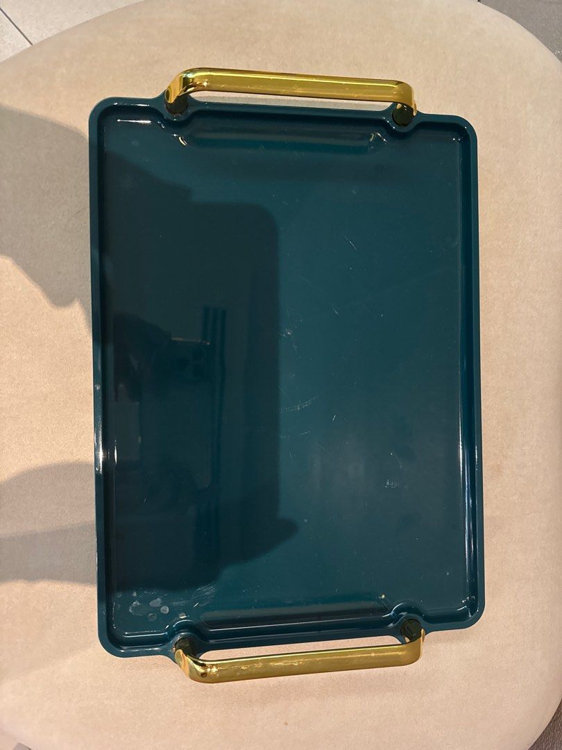 Elegant Teal Serving Tray with Gold Handles