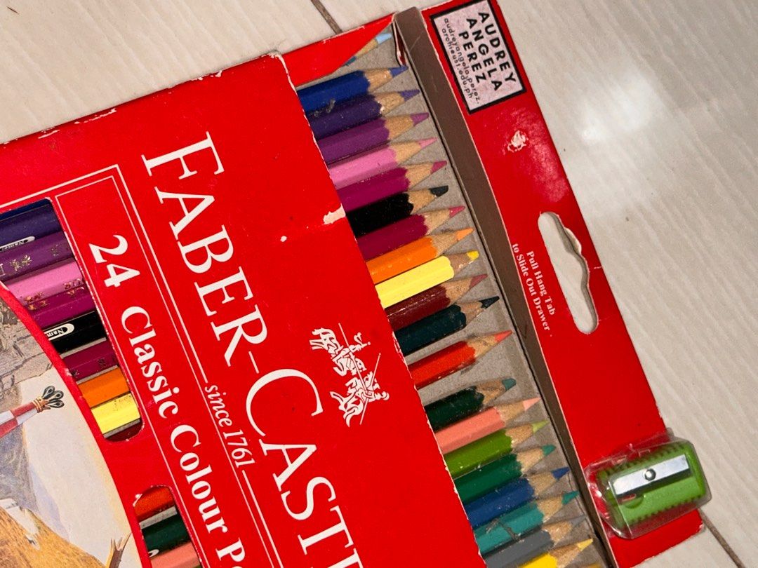 faber-castell colour pencils 24 pcs (Category: Stationery & School Supplies) located in Manila. Submitted by ntrxse (Listing ID 1381224098, Image 1). Description: missing one but with free sharpener.