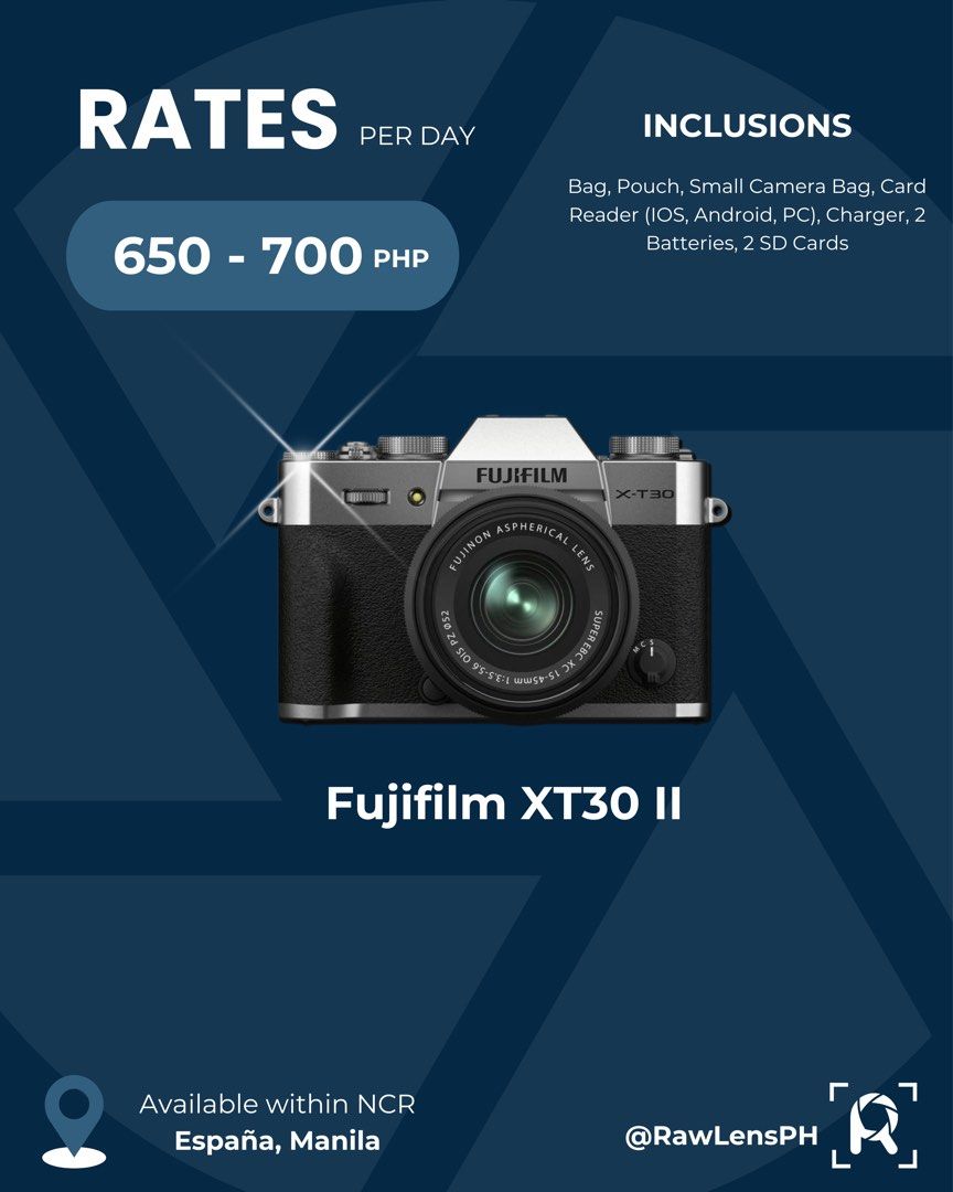 Fujifilm XT30 II (Category: Cameras) located in Manila. Submitted by rolenpar (Listing ID 1381262642, Image 1). Description: CAMERAS FOR RENT 📍 Facebook: RawLensPH 📍 Instagram: @rawlensph No matter what you’re capturing—vlogs, events, creative projects, or travel adventures—we’ve got the perfect camera for you! Choose from our lineup of high-quality, budget-friendly rentals and start shooting like a pro. 💫 Available Cameras: ✅ Fujifilm X-T30 I